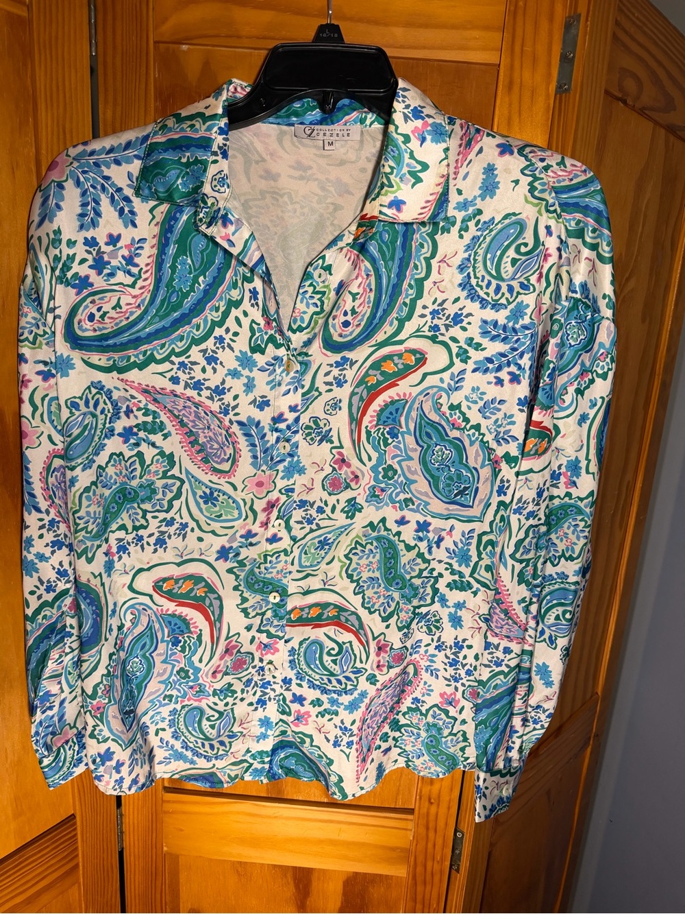 Cezele Multicolor Paisley Print Silky Shirt in Teal, Blue & Pink | Size M